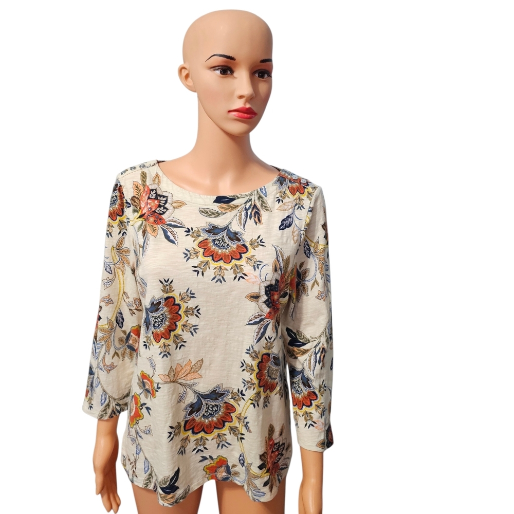 Chico's Cotton Palampore Floral Print Pullover Blouse Sz 1 (M)